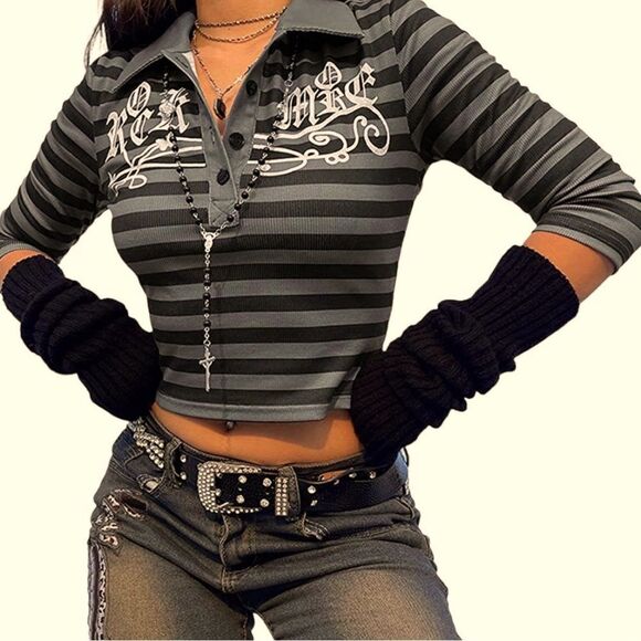 Grunge Fairy Shirt for Women Long Sleeve Crop Top Vintage Striped Print Y2K - Picture 2 of 10